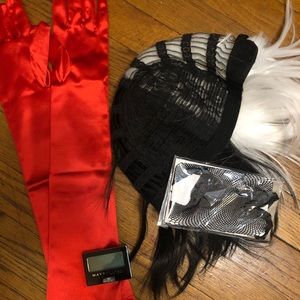 Cruella de vil wig, red gloves, green eyeshadow